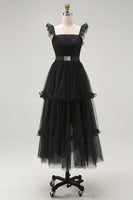 Load image into Gallery viewer, Black Tulle Tiered A Line Square Neck Tea Length Formal Dress with Ruffles