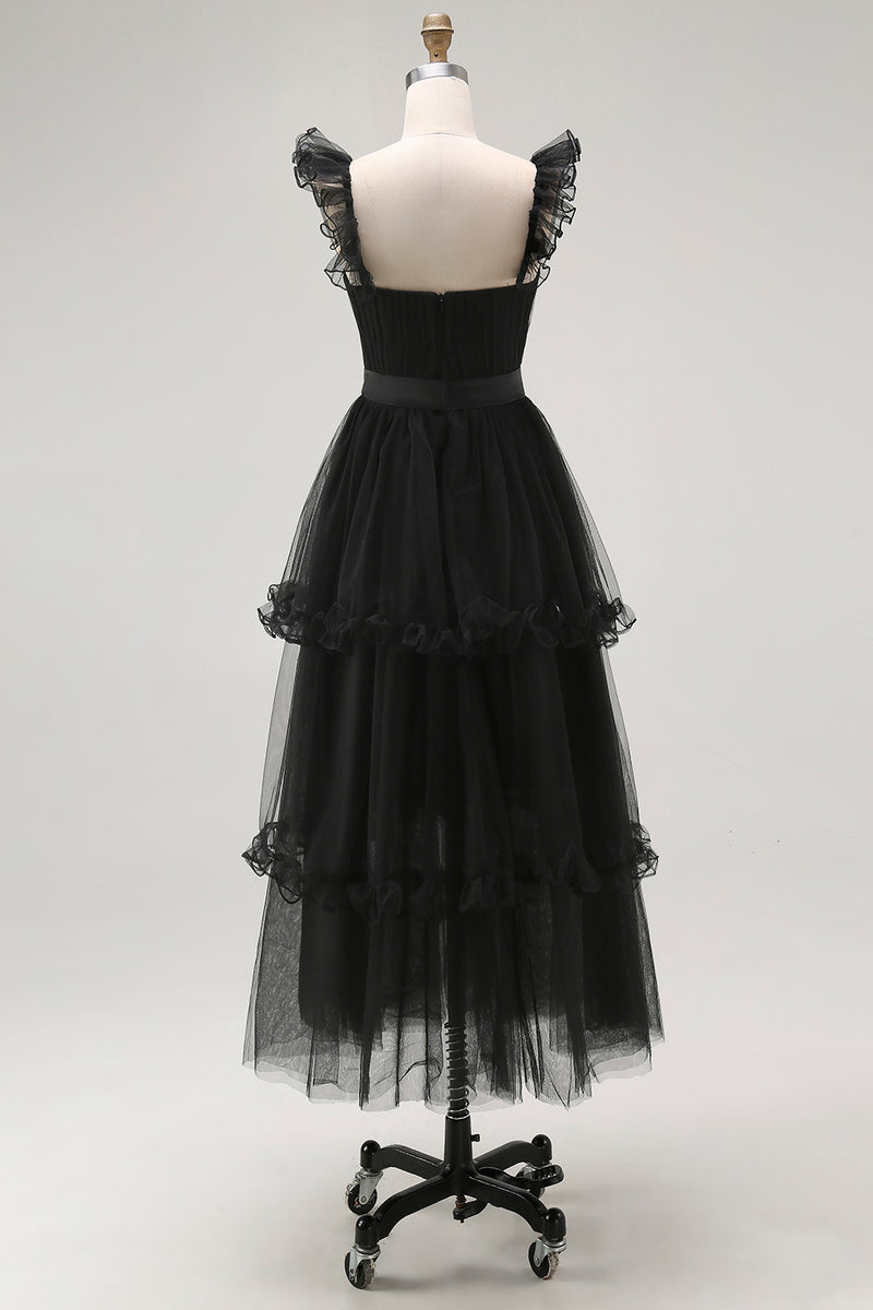Load image into Gallery viewer, Black Tulle Tiered A Line Square Neck Tea Length Formal Dress with Ruffles