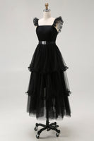 Load image into Gallery viewer, Black Tulle Tiered A Line Square Neck Tea Length Formal Dress with Ruffles