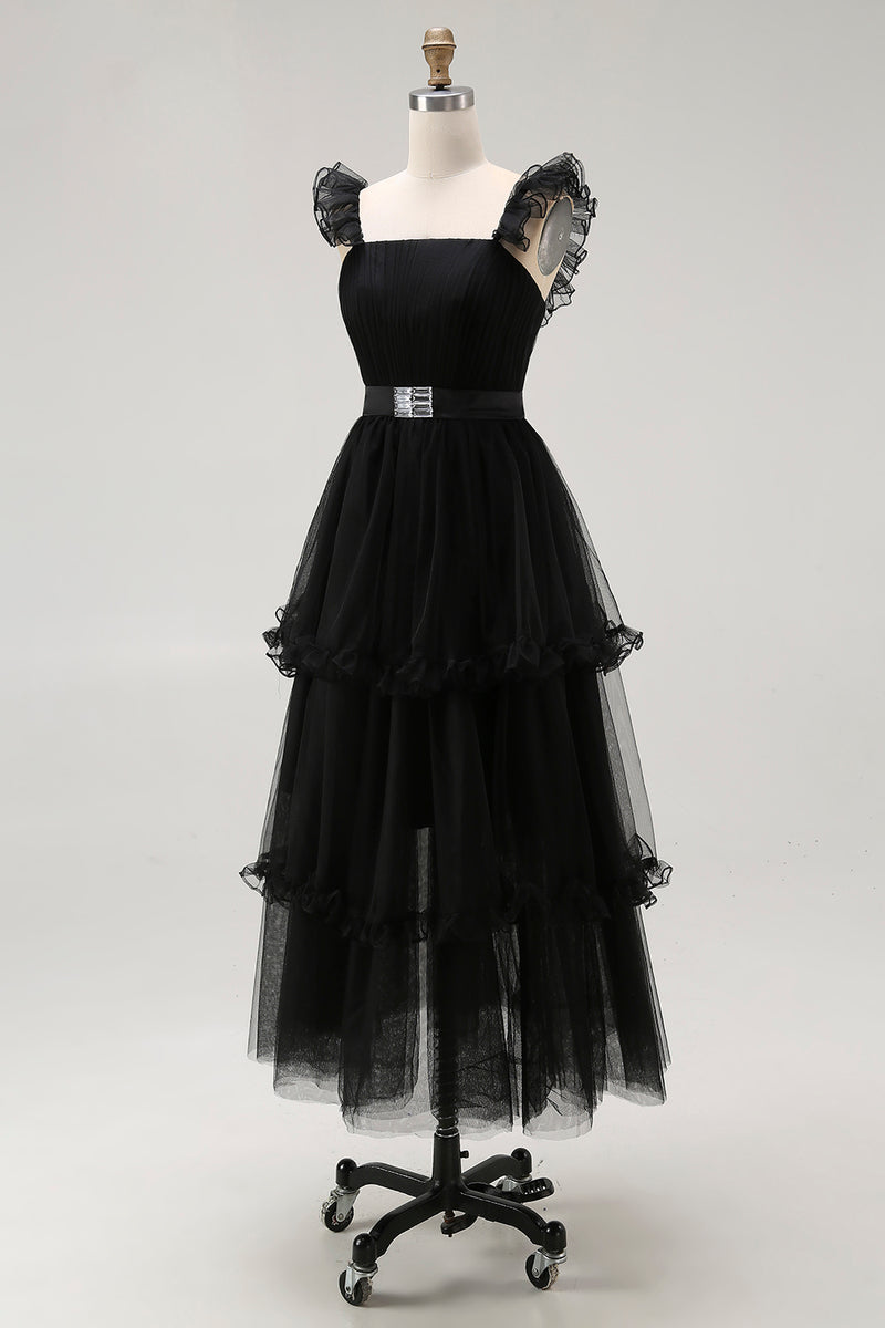 Load image into Gallery viewer, Black Tulle Tiered A Line Square Neck Tea Length Formal Dress with Ruffles