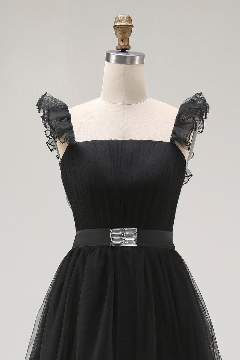 Load image into Gallery viewer, Black Tulle Tiered A Line Square Neck Tea Length Formal Dress with Ruffles