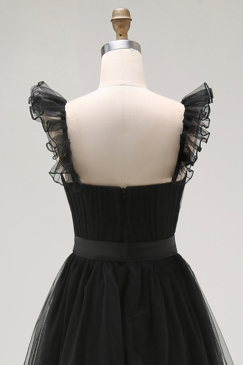 Load image into Gallery viewer, Black Tulle Tiered A Line Square Neck Tea Length Formal Dress with Ruffles