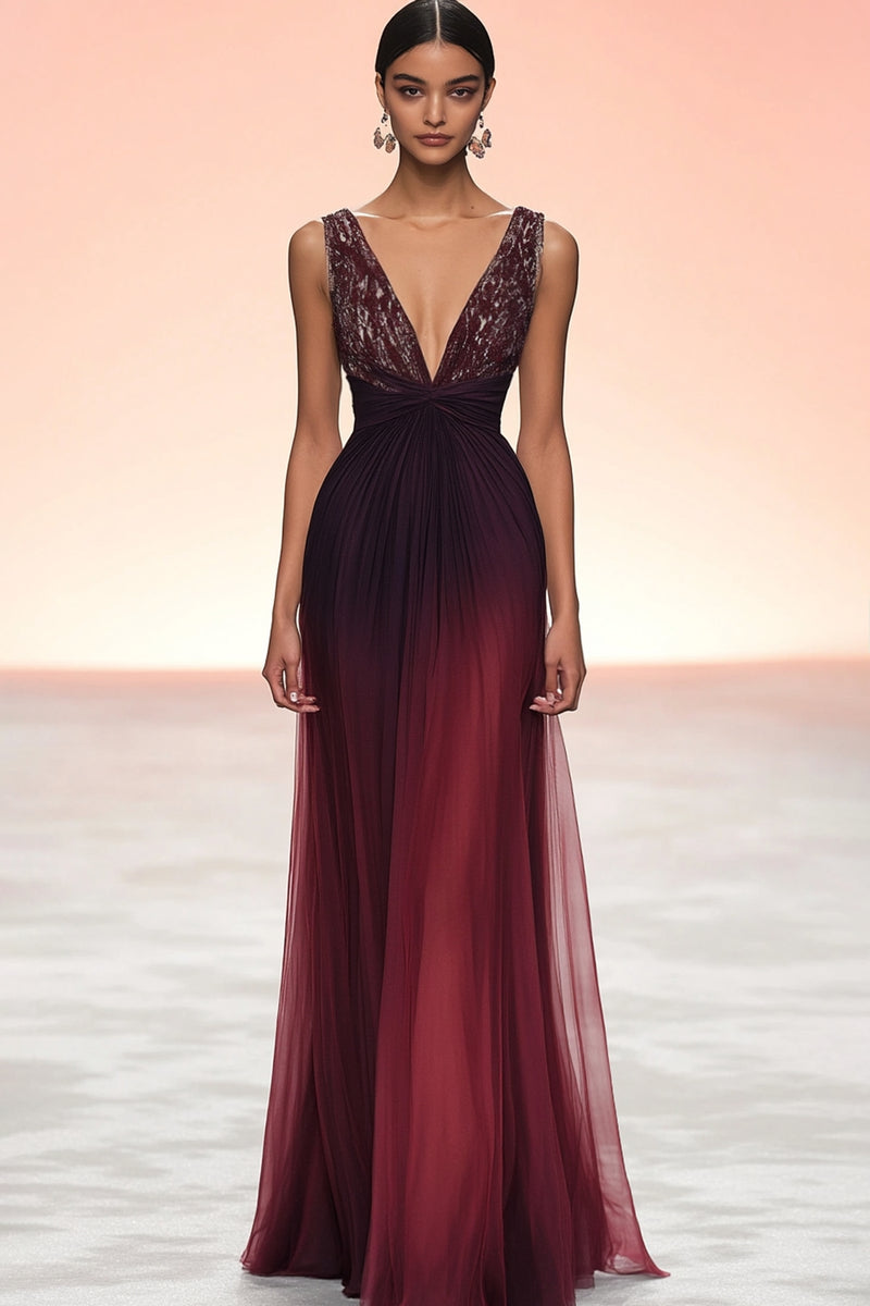 Load image into Gallery viewer, Sparkly Burgundy V-Neck Sheath Long Formal Dress