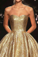 Load image into Gallery viewer, Sparkly Gold Ball Gown Strapless Floor Length Formal Dress