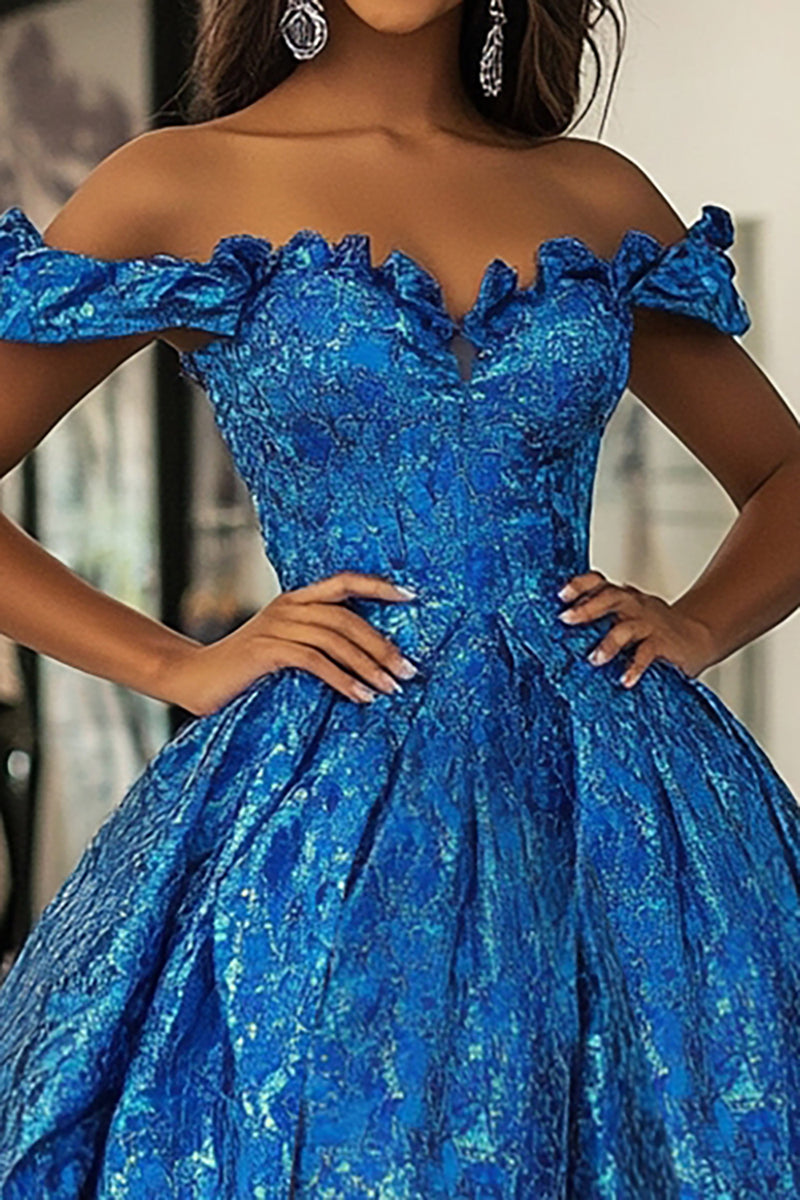 Load image into Gallery viewer, Royal Blue Ball Gown Floral Off the Shoulder Long Prom Dress