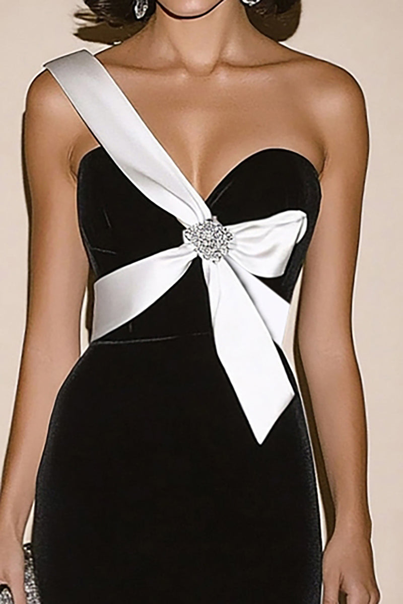 Black White Satin Strapless Sexy High Slit Sheath Formal Dress