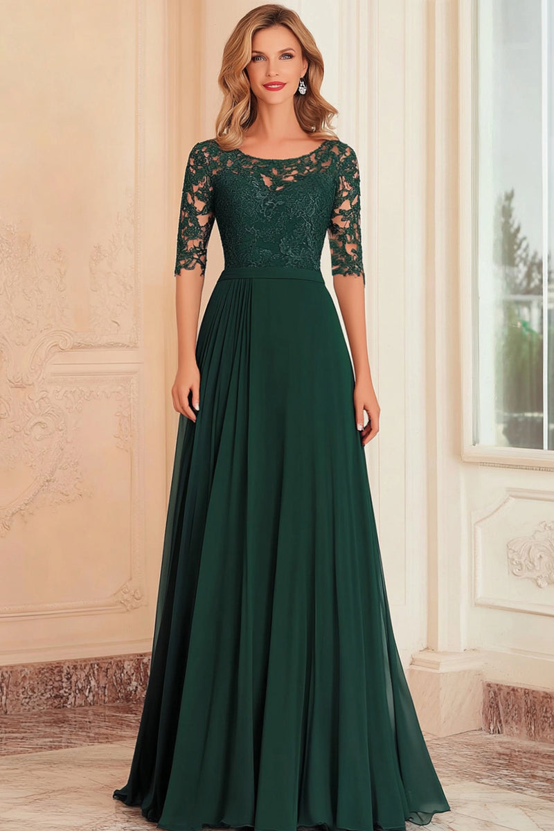 Load image into Gallery viewer, Queendancer Women Dark Green A Line Long Mother of the Bride Dress with Lace Chiffon Half Sleeves Boat Neck Floor Length Wedding Guest Dress