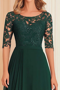 Dark Green Chiffon A Line Boat Neck Long Mother of the Bride Dress with Lace