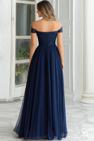 Load image into Gallery viewer, Floral Off the Shoulder Navy Mother of the Bride Dress