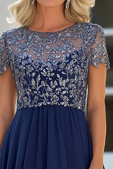 Navy Scoop Neck Tulle Mother of the Bride Dress with Short Sleeves