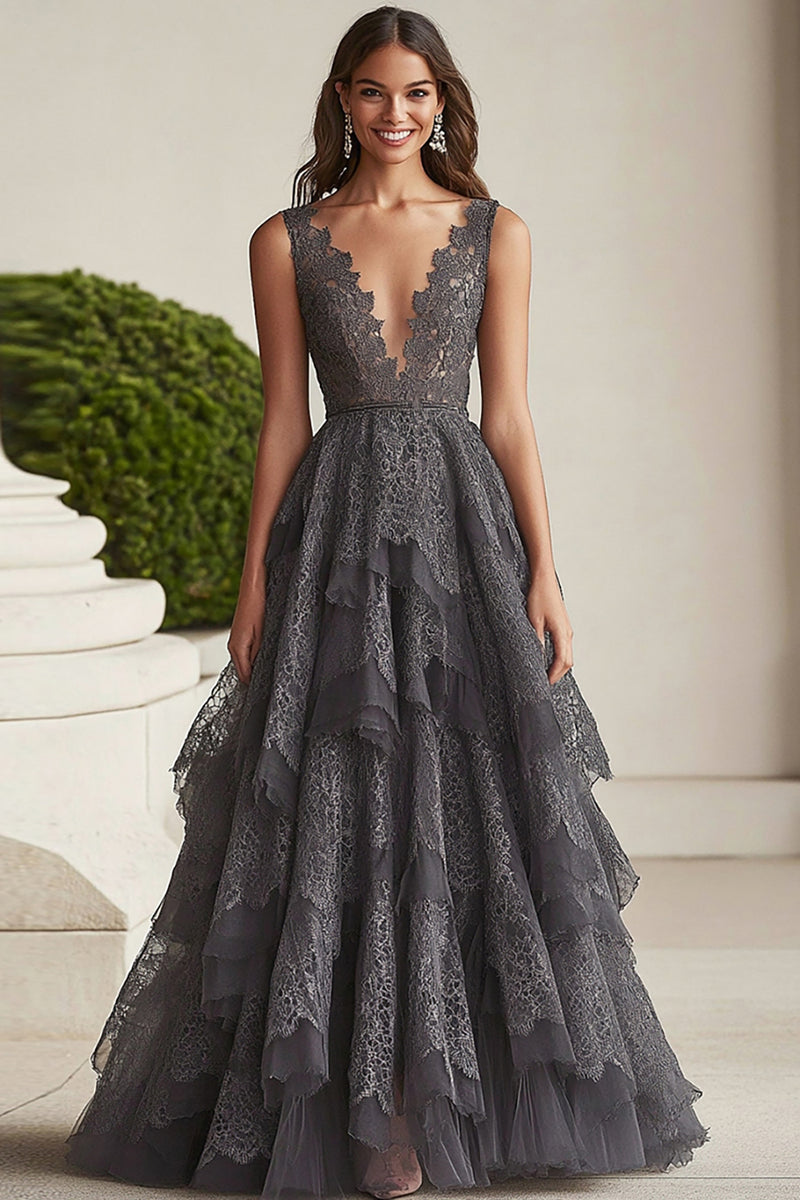 Load image into Gallery viewer, Dark Grey Ruffled A Line Lace Mother of the Bride Dress