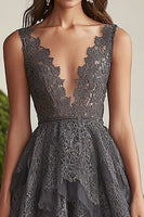 Load image into Gallery viewer, Dark Grey Ruffled A Line Lace Mother of the Bride Dress