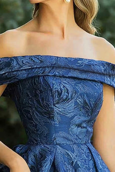 Navy Jacquard A Line Off The Shoulder Floor Length Mother of the Bride Dress