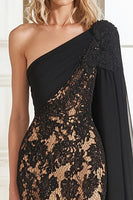 Load image into Gallery viewer, Black Lace Sheath Mother of the Bride Dress with One Shoulder Cape