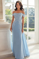 Load image into Gallery viewer, Queendancer Women Sky Blue Off The Shoulder Long Mother of the Bride Dress with Lace Chiffon Mermaid Appliqued Sheath Formal Dress
