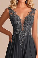 Load image into Gallery viewer, Charcoal Chiffon Lace A Line V-Neck Long Mother of the Bride Dress with Slit
