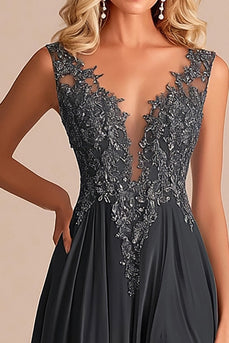 Charcoal Chiffon Lace A Line V-Neck Long Mother of the Bride Dress with Slit