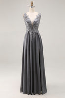 Load image into Gallery viewer, Charcoal Chiffon Lace A Line V-Neck Long Mother of the Bride Dress with Slit