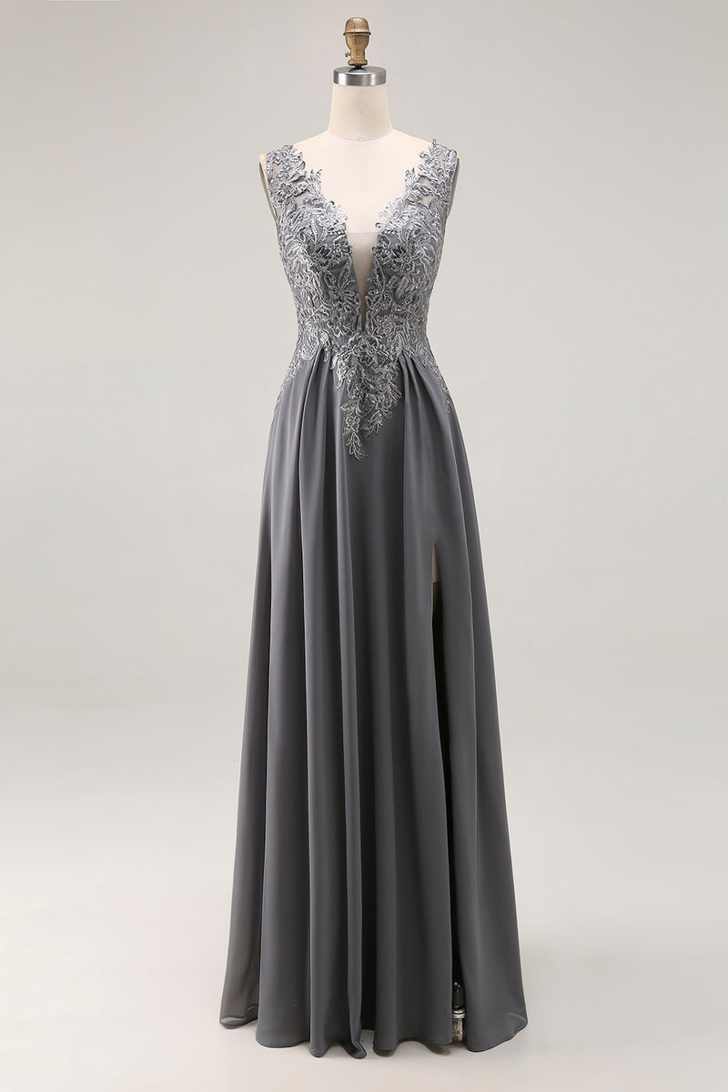 Load image into Gallery viewer, Charcoal Chiffon Lace A Line V-Neck Long Mother of the Bride Dress with Slit