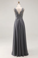Load image into Gallery viewer, Charcoal Chiffon Lace A Line V-Neck Long Mother of the Bride Dress with Slit