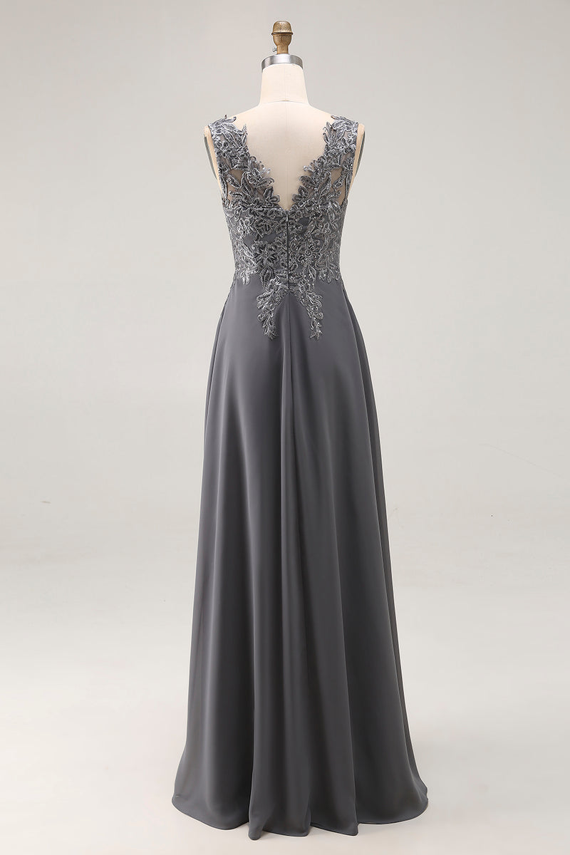 Load image into Gallery viewer, Charcoal Chiffon Lace A Line V-Neck Long Mother of the Bride Dress with Slit