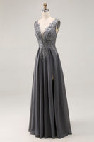 Load image into Gallery viewer, Charcoal Lace A Line Chiffon V-Neck Long Mother of the Bride Dress with Slit