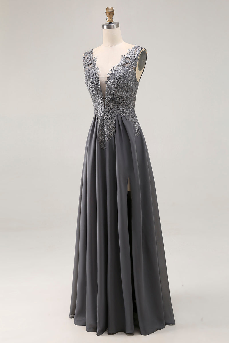 Load image into Gallery viewer, Charcoal Lace A Line Chiffon V-Neck Long Mother of the Bride Dress with Slit