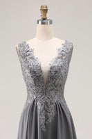 Load image into Gallery viewer, Charcoal Lace A Line Chiffon V-Neck Long Mother of the Bride Dress with Slit