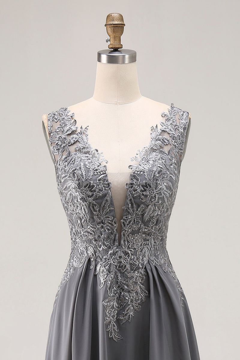 Load image into Gallery viewer, Charcoal Lace A Line Chiffon V-Neck Long Mother of the Bride Dress with Slit