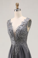 Load image into Gallery viewer, Charcoal Lace A Line Chiffon V-Neck Long Mother of the Bride Dress with Slit