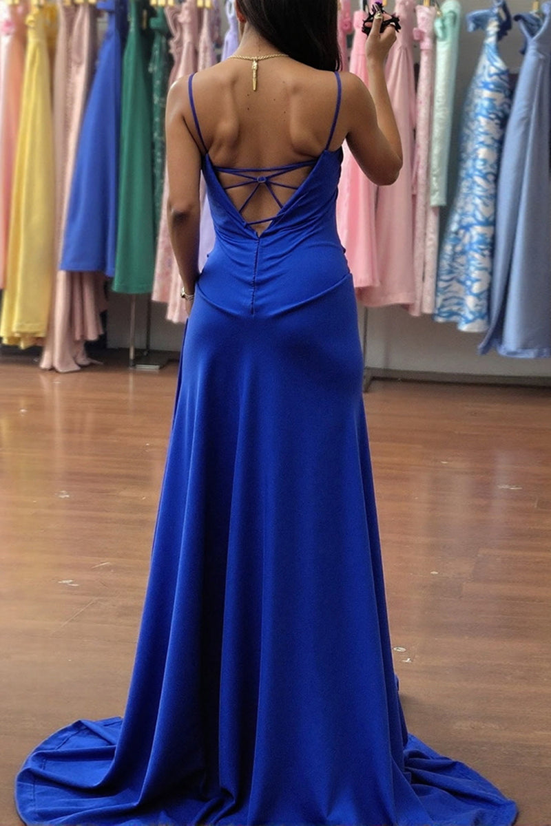 Full-Length Dress with Ruched Waist and Skirt Slit Royal Blue