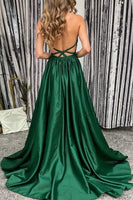Load image into Gallery viewer, 2-Piece Dark Green V-Neck Long Prom Dress with Slit
