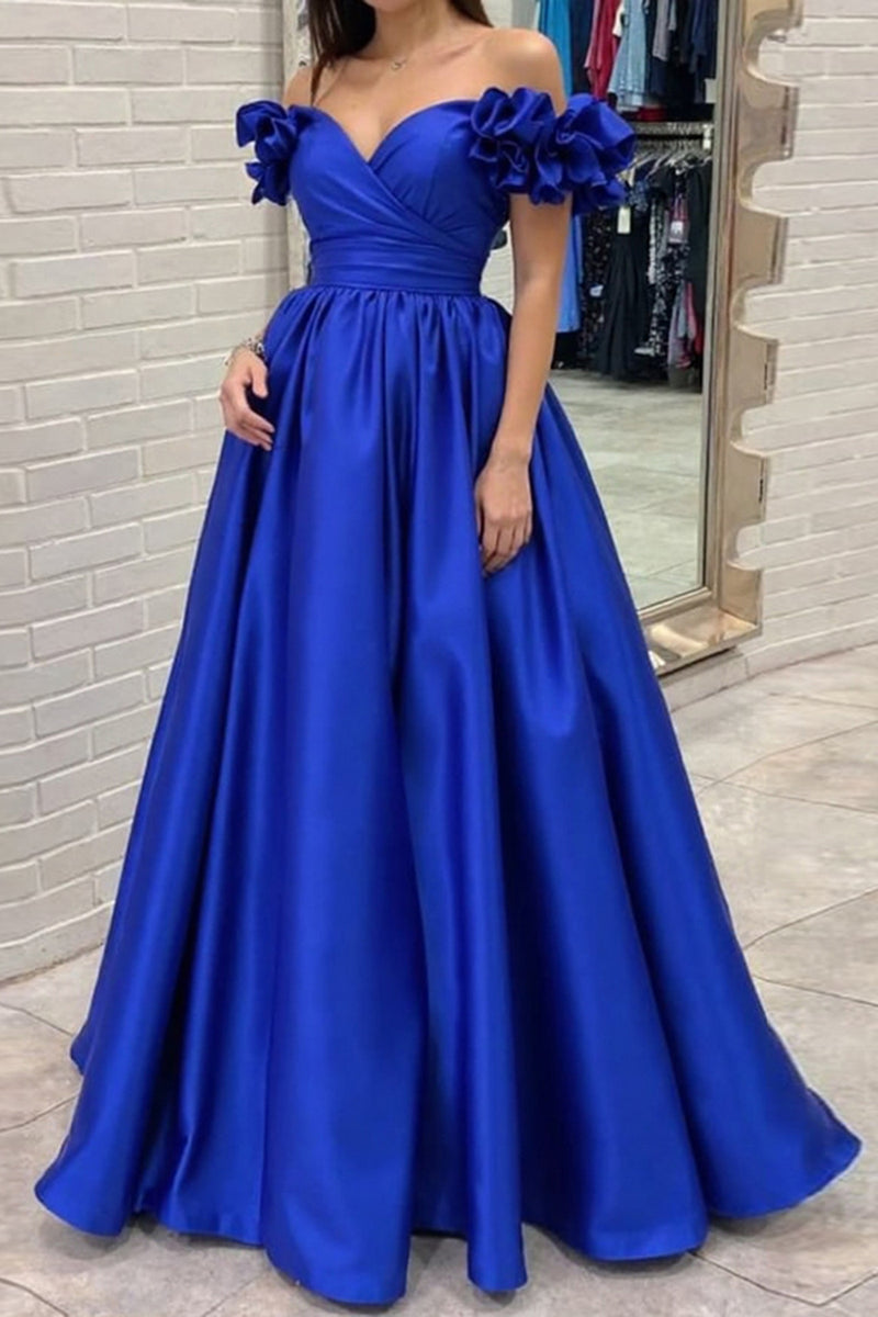 Queendancer Women Royal Blue Ball Gown Satin Prom Dress with Ruffled