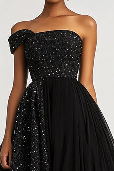 Sparkly Black A Line Tulle Ball Gown One Shoulder Long Formal Dress with Slit