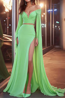 Load image into Gallery viewer, Queendancer Women Light Green Chiffon Formal Dress with High Slit Mermaid Off the Shoulder V-Neck Separate Sweep Train Red Carpet Dress with Cape