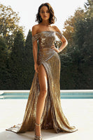 Load image into Gallery viewer, Queendancer Women Metallic Gold Sheath Long Formal Dress with Slit Off The Shoulder Ruched Gala Dress
