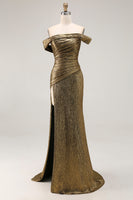 Load image into Gallery viewer, Golden Metallic Sheath Off The Shoulder Long Formal Dress with Slit