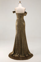 Load image into Gallery viewer, Golden Metallic Sheath Off The Shoulder Long Formal Dress with Slit
