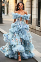 Load image into Gallery viewer, Blue Ruffled A Line Off The Shoulder Prom Dress