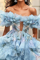 Load image into Gallery viewer, Blue Ruffled A Line Off The Shoulder Prom Dress
