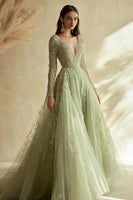 Load image into Gallery viewer, Dusty Sage V-Neck Ball Gown Appliqued Prom Dress with Long Sleeves