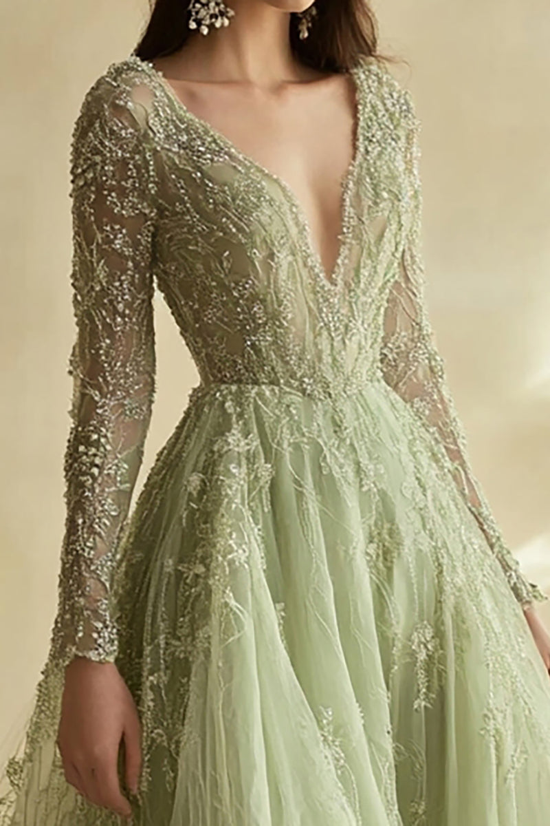 Deep V-Neck Appliqued Tulle Open Back Prom Dress Dusty Sage main image 1