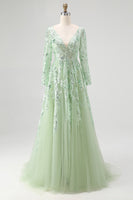 Load image into Gallery viewer, Dusty Sage Ball Gown V-Neck Long Sleeves Prom Dress with Appliques
