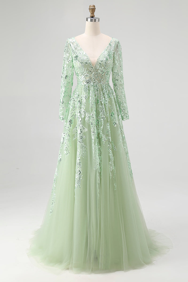 Load image into Gallery viewer, Dusty Sage Ball Gown V-Neck Long Sleeves Prom Dress with Appliques