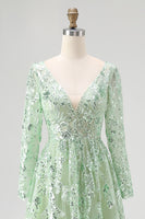 Load image into Gallery viewer, Dusty Sage V-Neck Ball Gown Appliqued Prom Dress with Long Sleeves