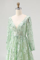 Load image into Gallery viewer, Dusty Sage V-Neck Ball Gown Appliqued Prom Dress with Long Sleeves