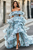 Load image into Gallery viewer, Blue Ruffled A Line Off The Shoulder Prom Dress with Floral Printed