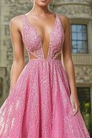 Load image into Gallery viewer, Sparkly Fuchsia A Line Deep V-Neck Prom Dress with Lace