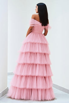 Pink Ruffled Off The Shoulder Ruched Prom Dress