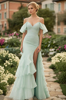 Load image into Gallery viewer, Mint Ruffled Cold Shoulder Prom Dress with Lace